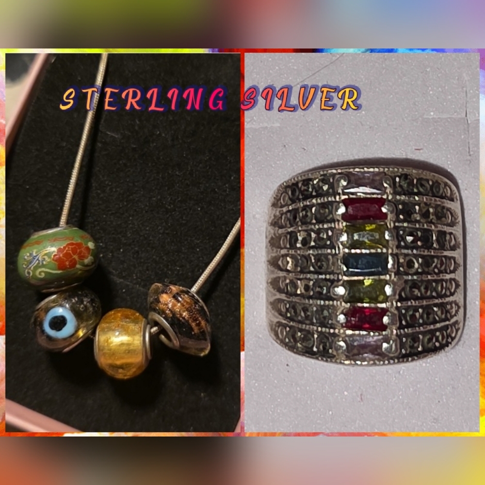 925 Elegant Sterling  Silver Multi-Color Gemstone Ring & 925 Necklace